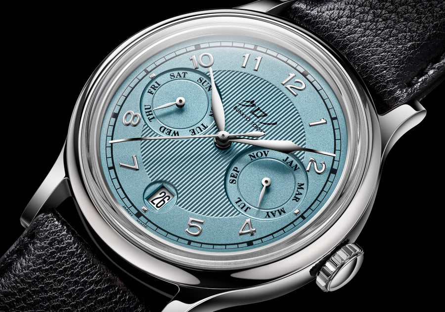 Kurono Tokyo Calendrier SBR with saxe blue triple-calendar dial